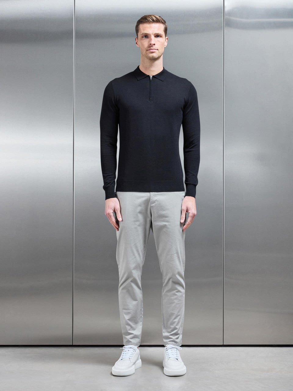Cotton and Silk Long Sleeve Zip Polo Shirt in Black