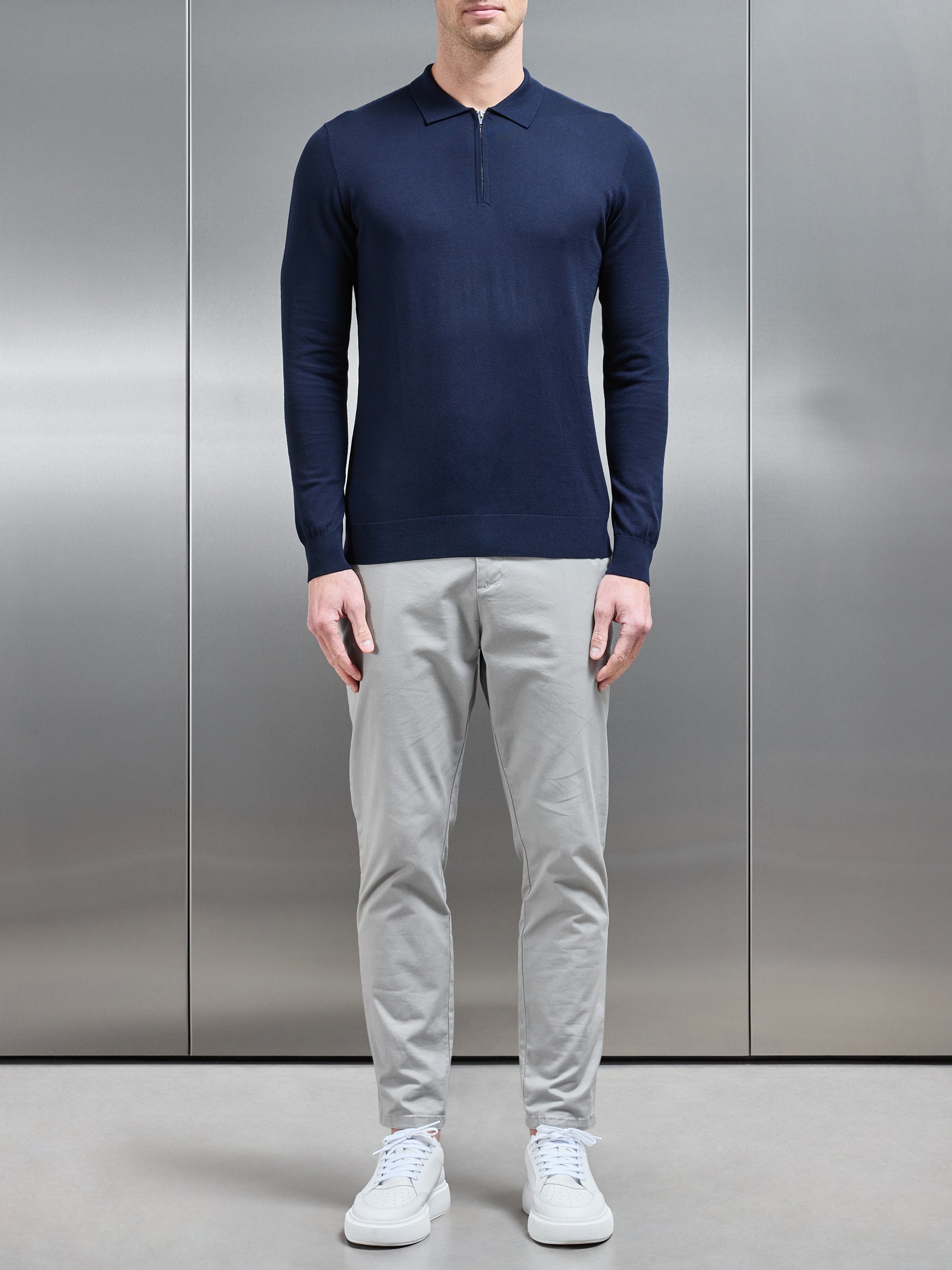 Cotton and Silk Long Sleeve Zip Polo Shirt in Navy