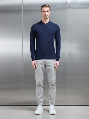 Cotton and Silk Long Sleeve Zip Polo Shirt in Navy