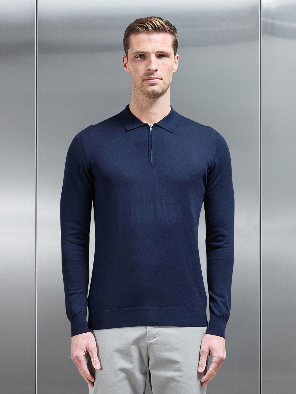 Cotton and Silk Long Sleeve Zip Polo Shirt in Navy