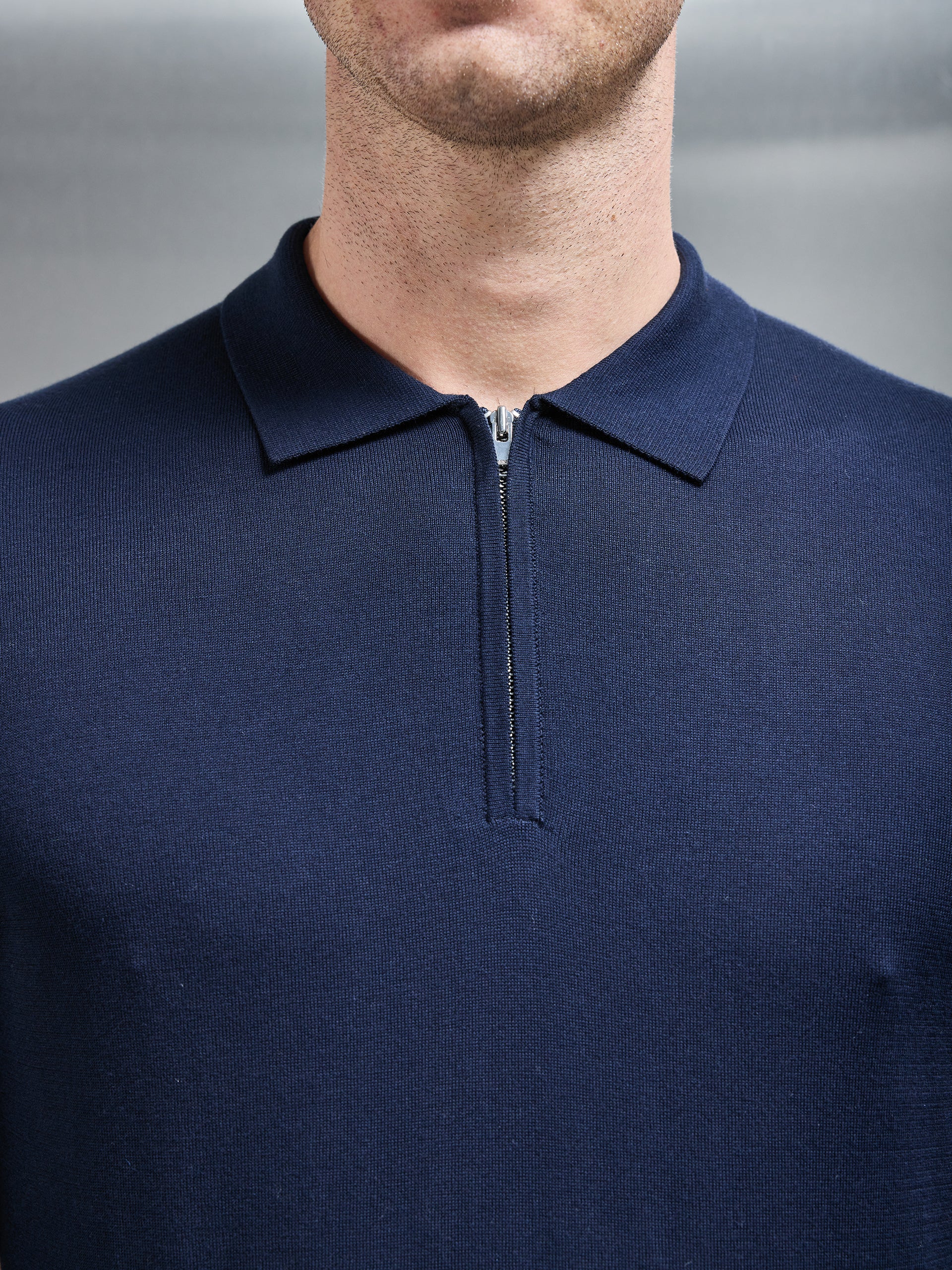 Cotton and Silk Long Sleeve Zip Polo Shirt in Navy