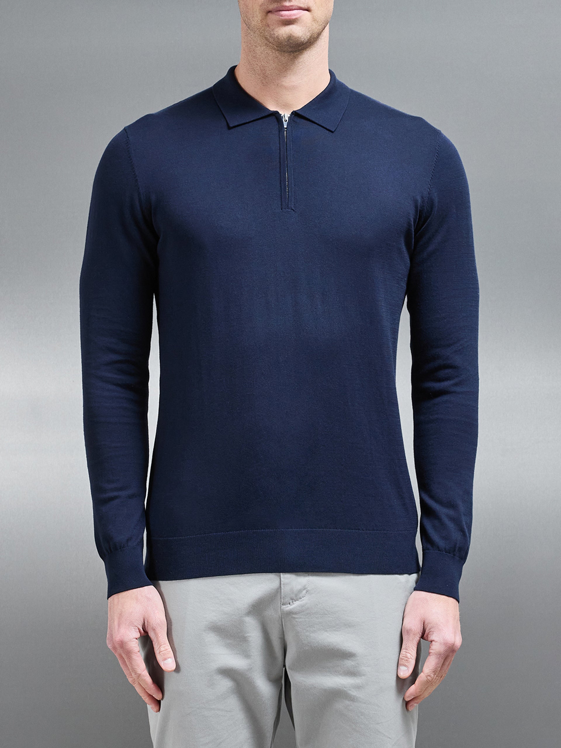 Cotton and Silk Long Sleeve Zip Polo Shirt in Navy