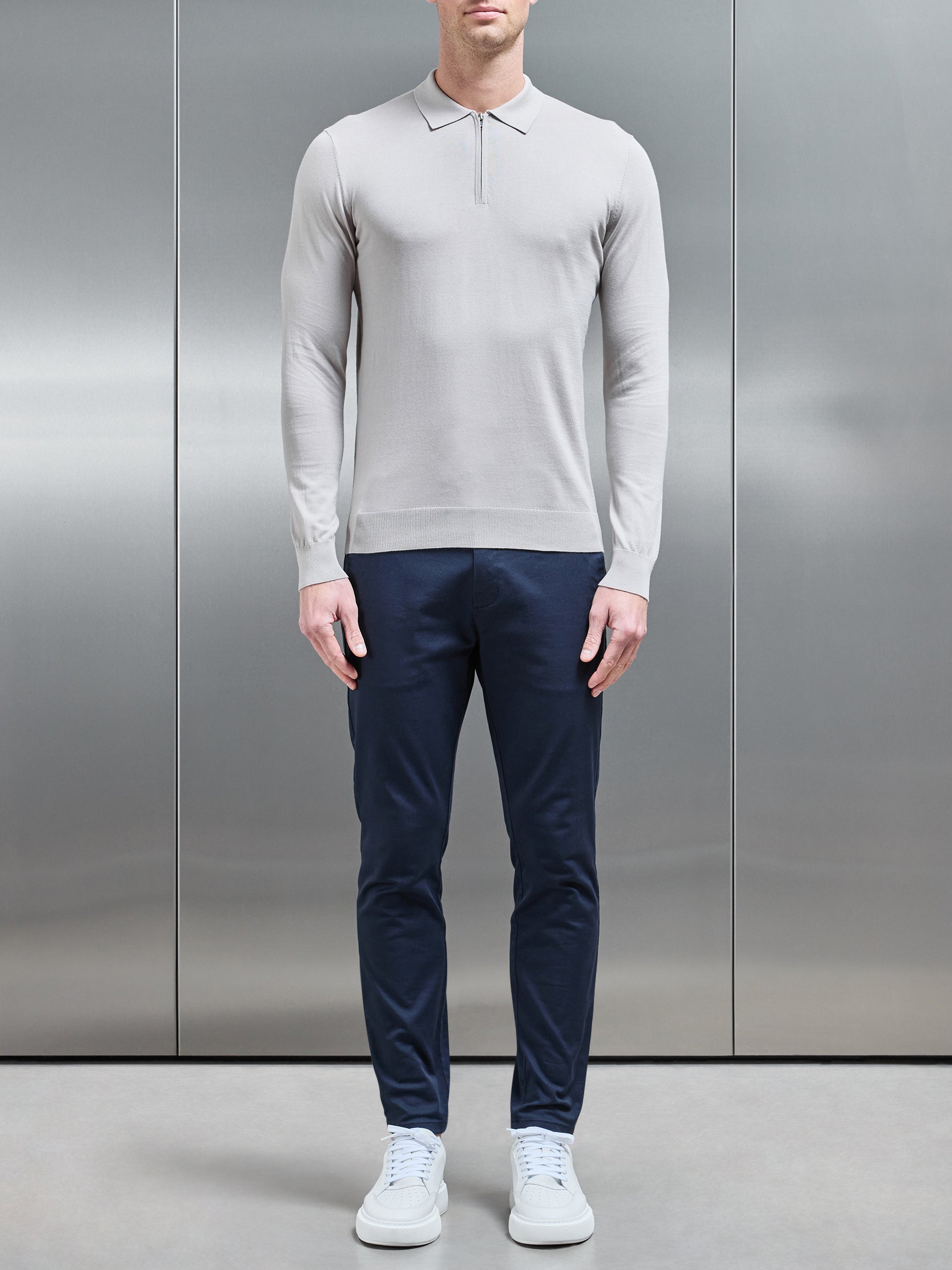 Cotton and Silk Long Sleeve Zip Polo Shirt in Stone
