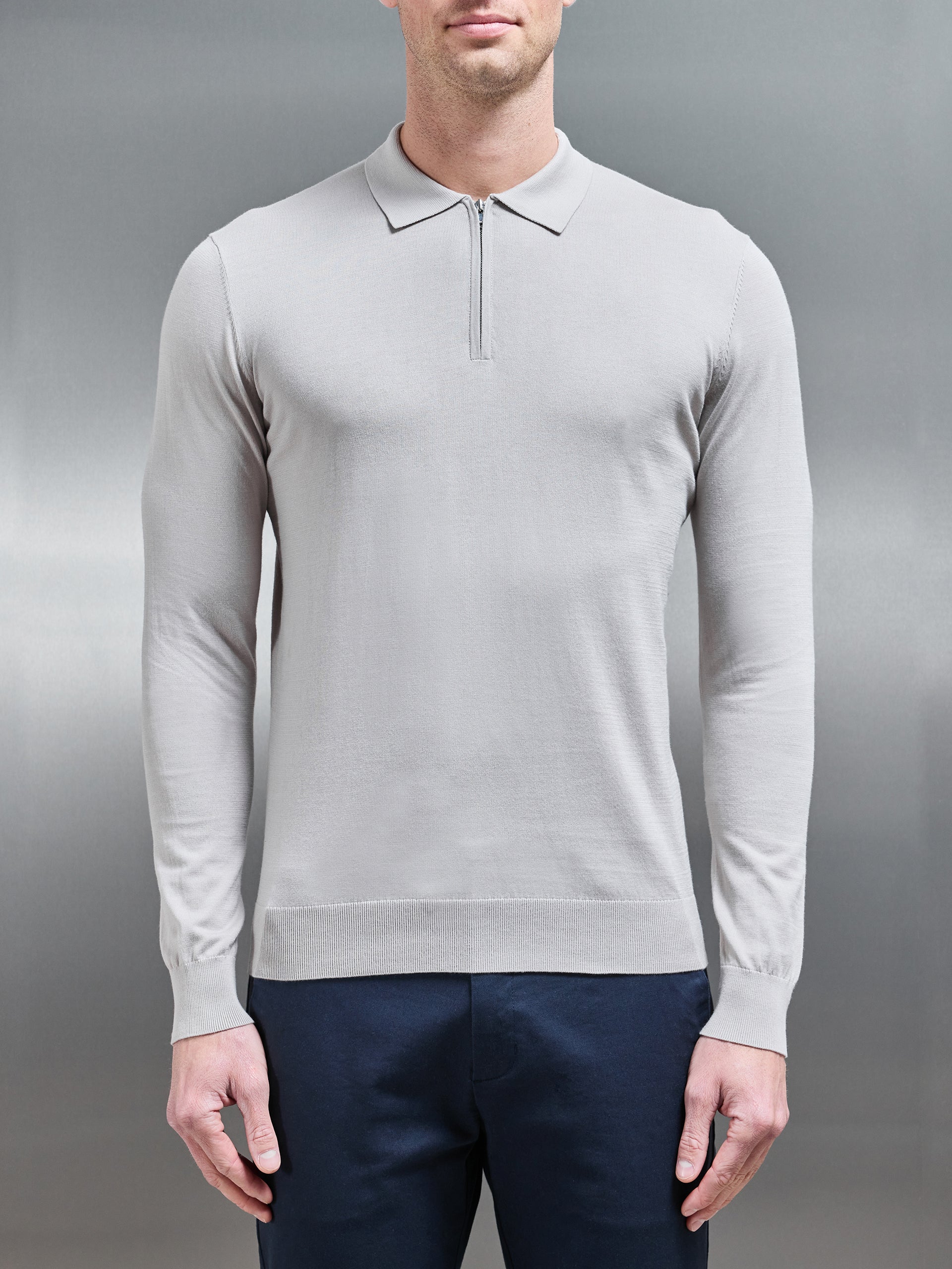 Cotton and Silk Long Sleeve Zip Polo Shirt in Stone