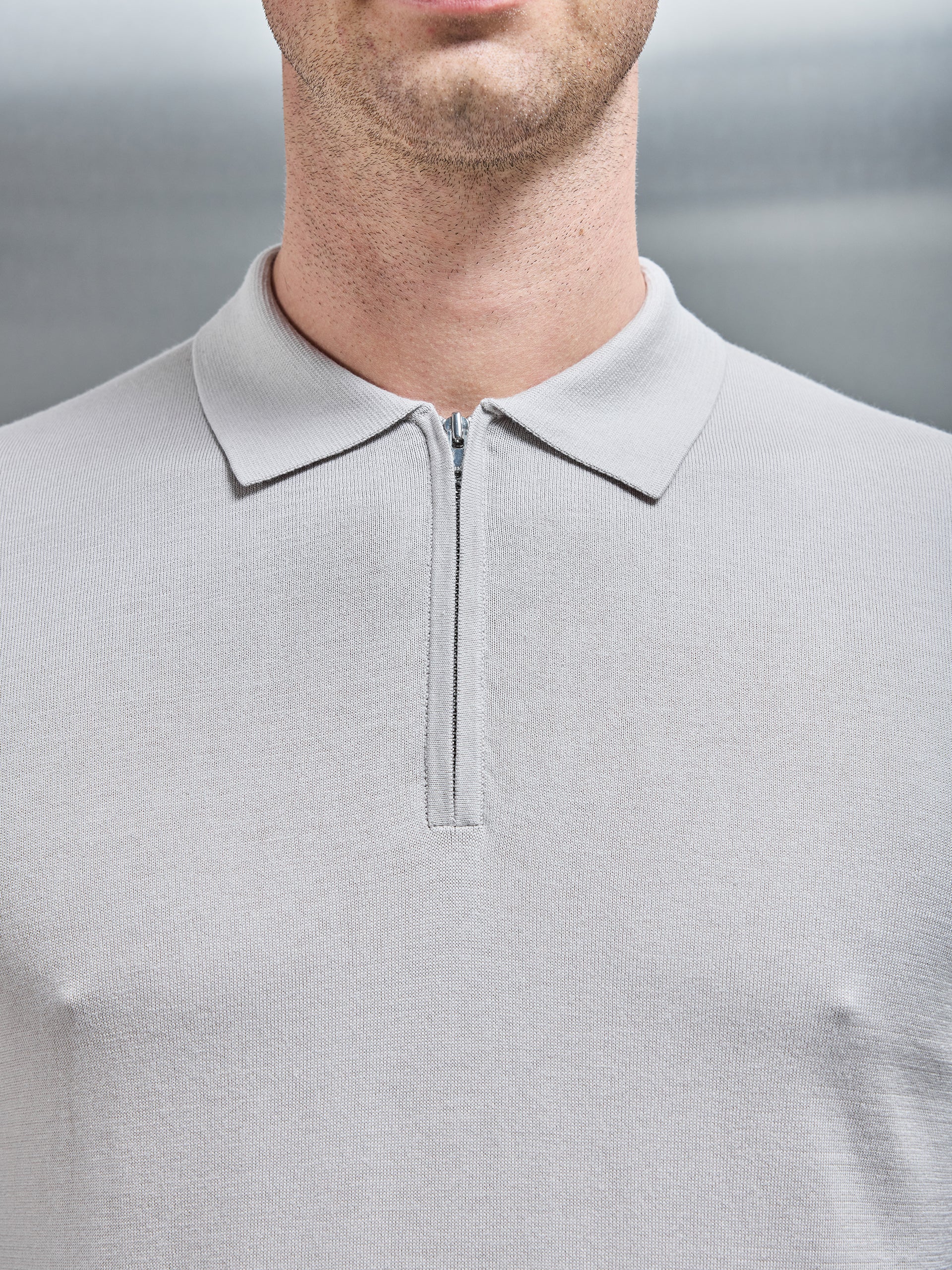 Cotton and Silk Long Sleeve Zip Polo Shirt in Stone