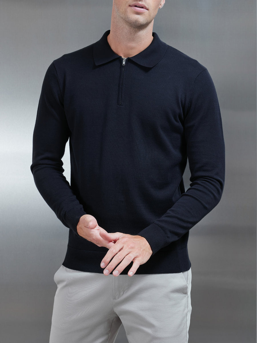 Cotton Knitted Long Sleeve Half Zip Polo Shirt in Black
