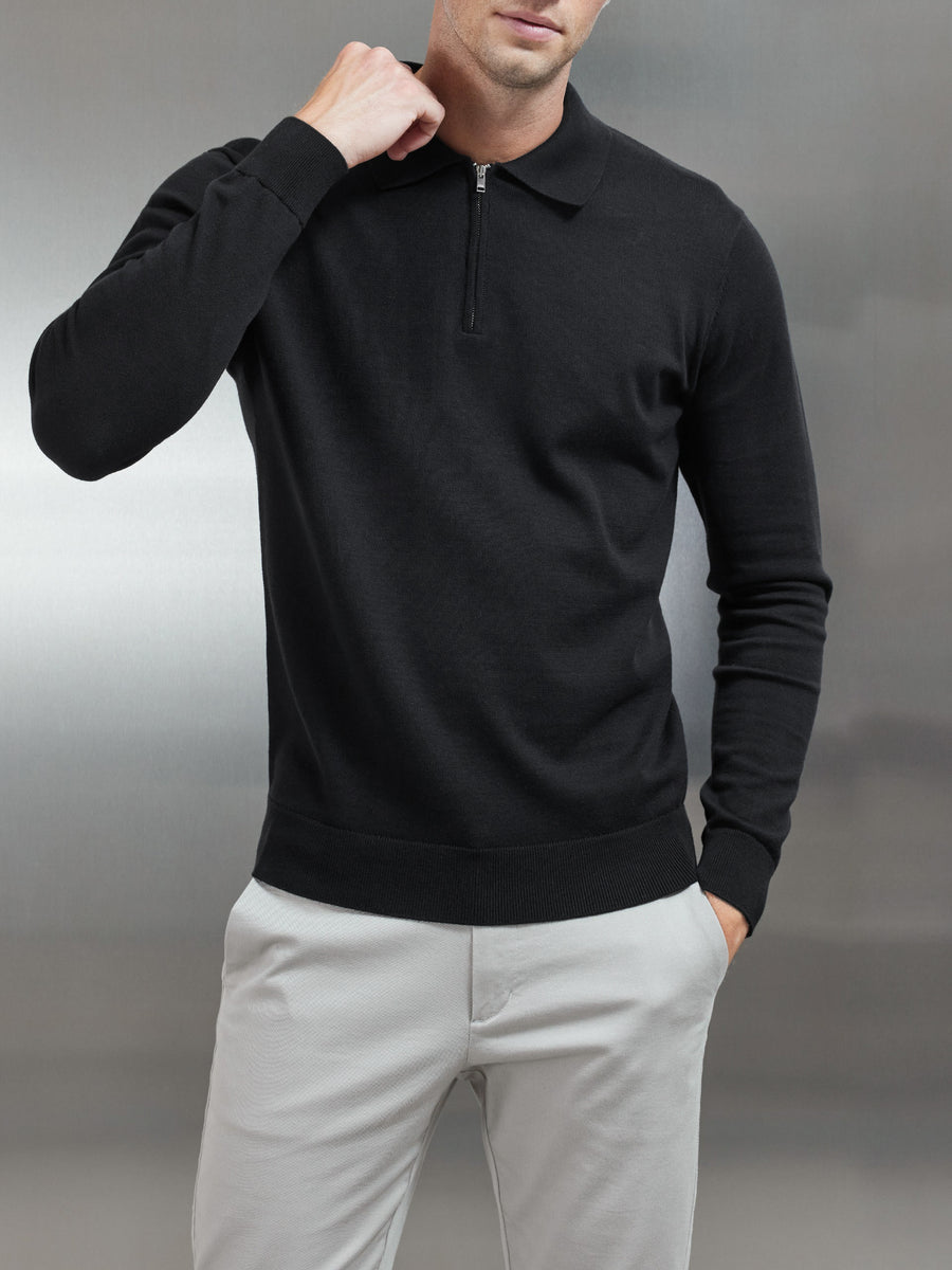 Cotton Knitted Long Sleeve Half Zip Polo Shirt in Black