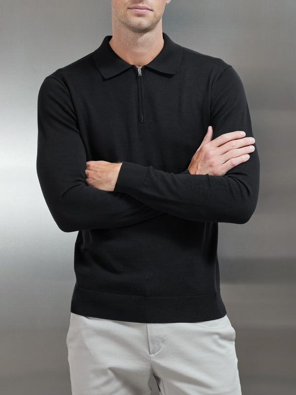 Cotton Knitted Long Sleeve Half Zip Polo Shirt in Black