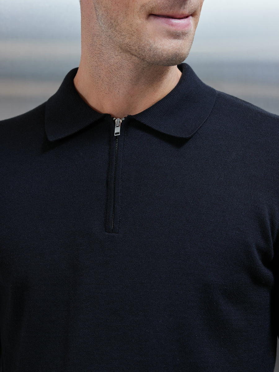 Cotton Knitted Long Sleeve Half Zip Polo Shirt in Black