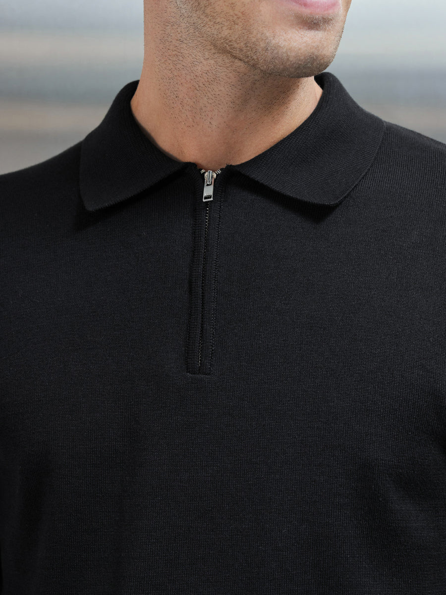 Cotton Knitted Long Sleeve Half Zip Polo Shirt in Black