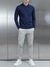 Cotton Knitted Long Sleeve Half Zip Polo Shirt in Navy