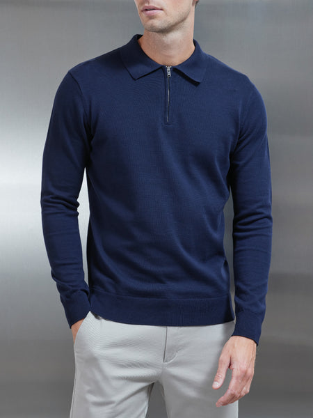 Cotton Knitted Long Sleeve Half Zip Polo Shirt in Navy