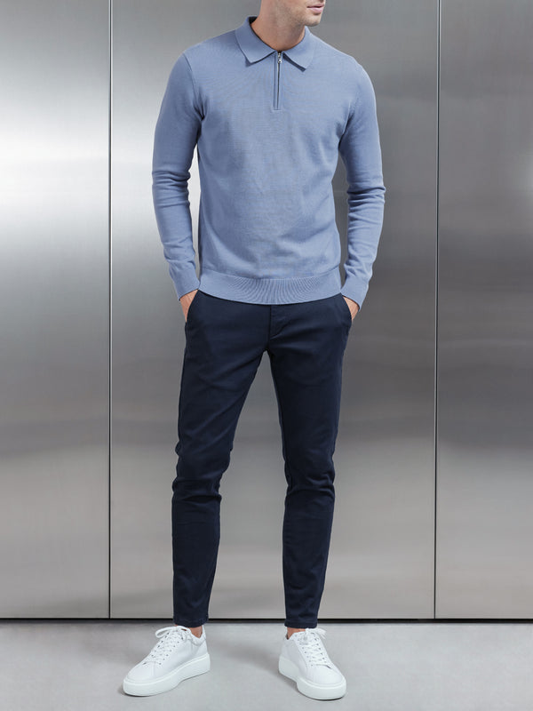 Cotton Knitted Long Sleeve Half Zip Polo Shirt in Silk Blue