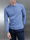 Cotton Knitted Long Sleeve Half Zip Polo Shirt in Silk Blue