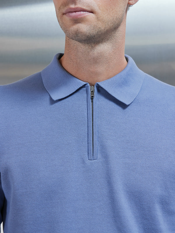 Cotton Knitted Long Sleeve Half Zip Polo Shirt in Silk Blue