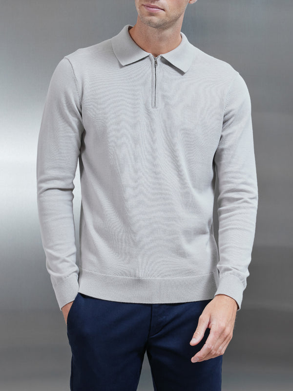 Cotton Knitted Long Sleeve Half Zip Polo Shirt in Stone