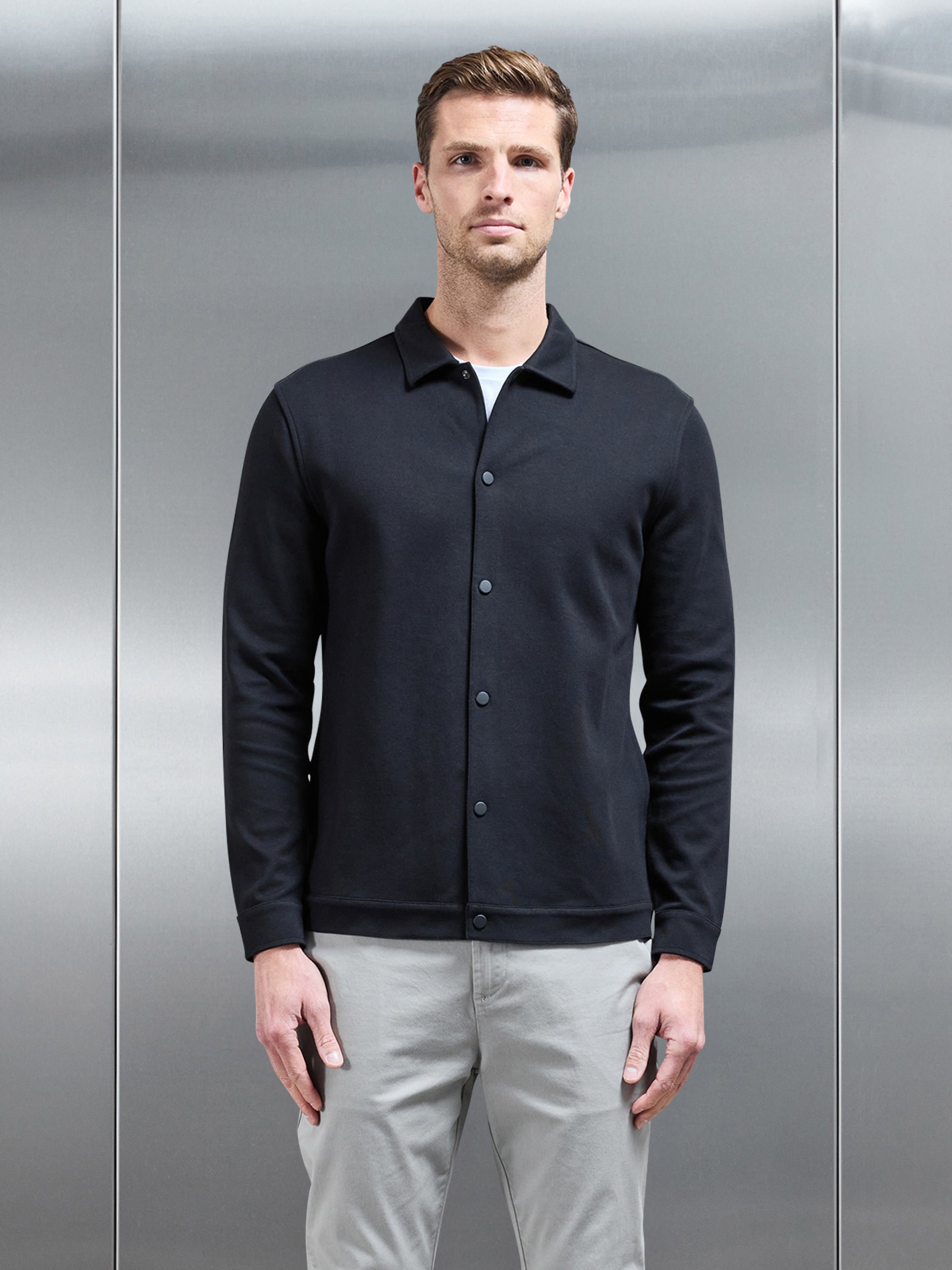Cotton Jersey Popper Overshirt in Black