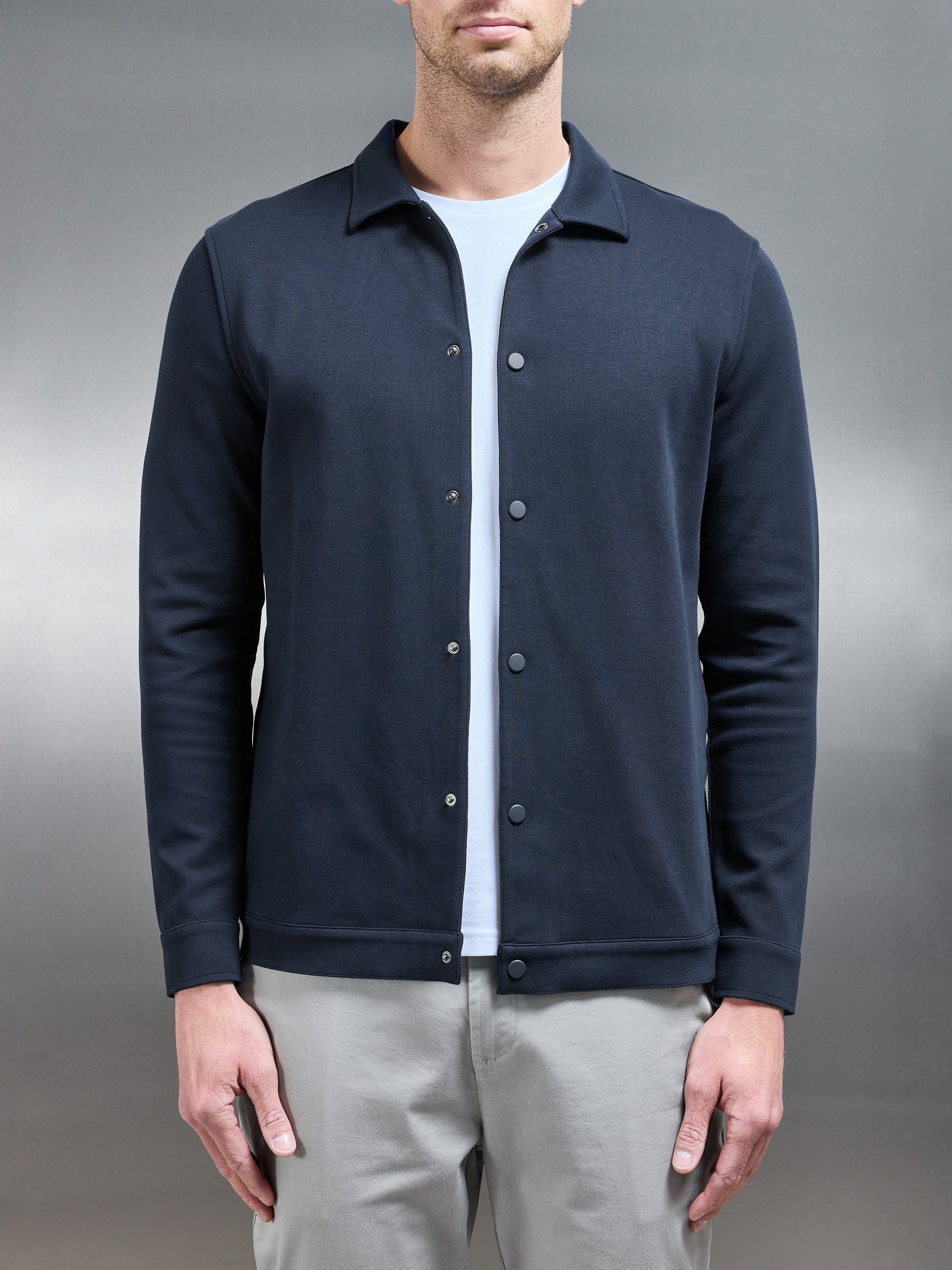 Cotton Jersey Popper Overshirt in Navy