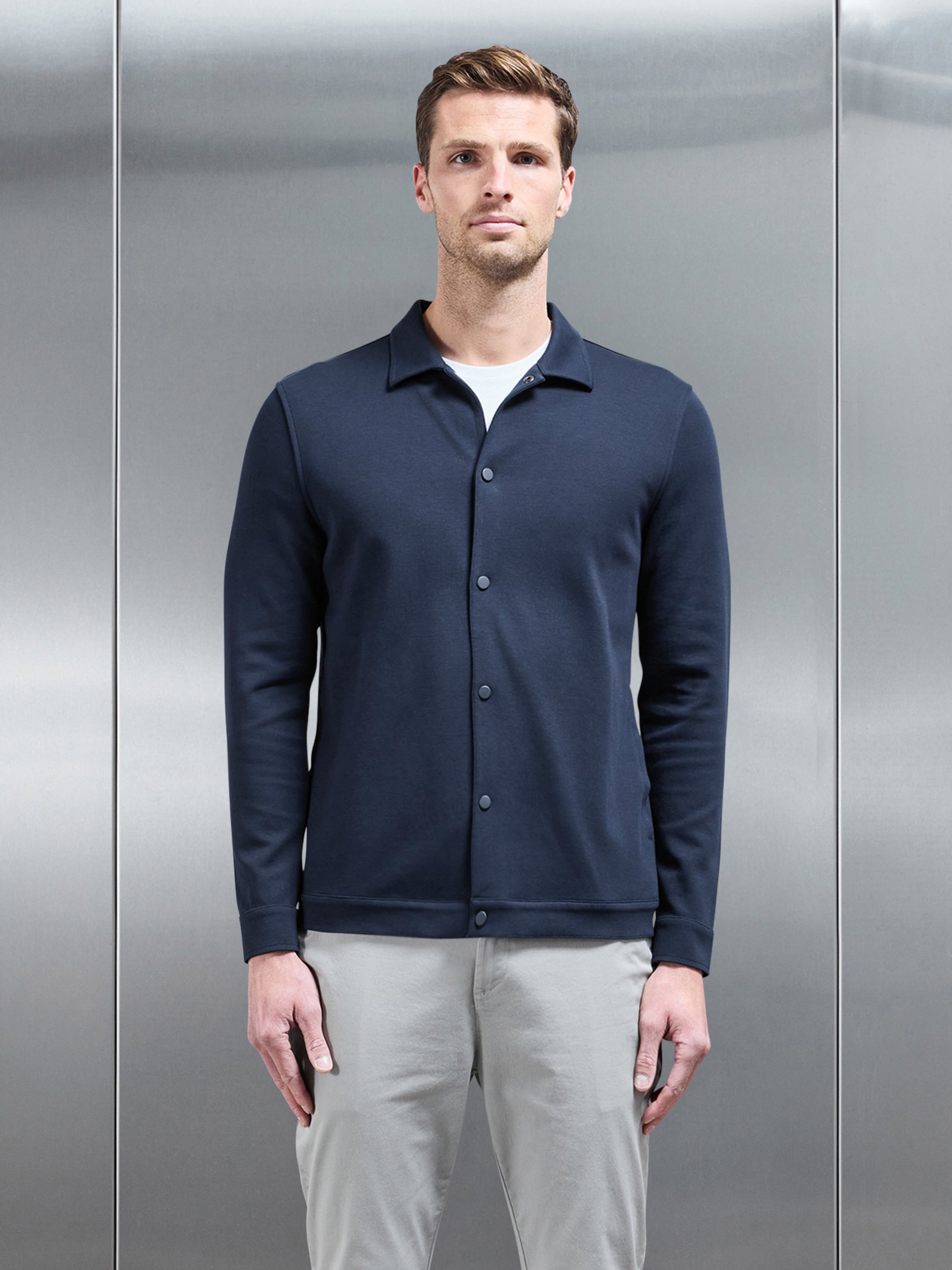 Cotton Jersey Popper Overshirt in Navy
