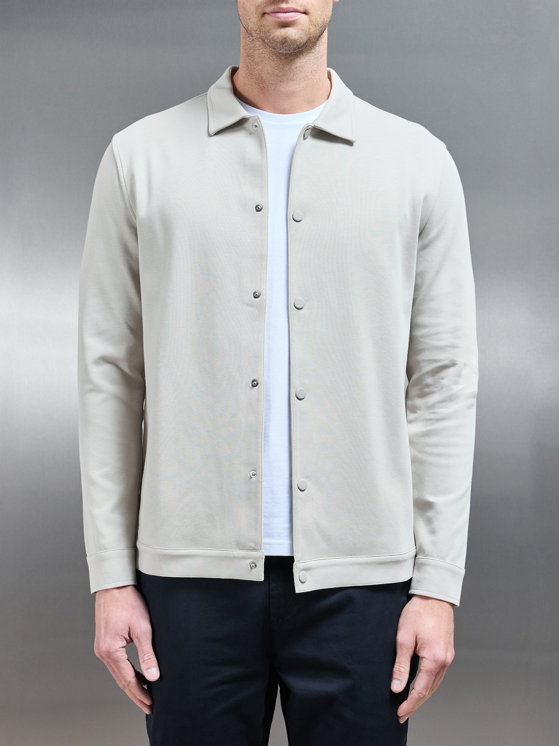 Cotton Jersey Popper Overshirt in Stone