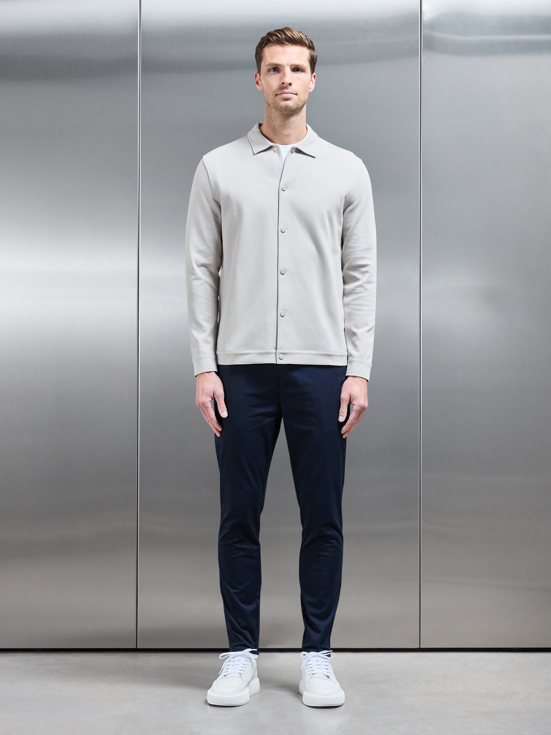 Cotton Jersey Popper Overshirt in Stone