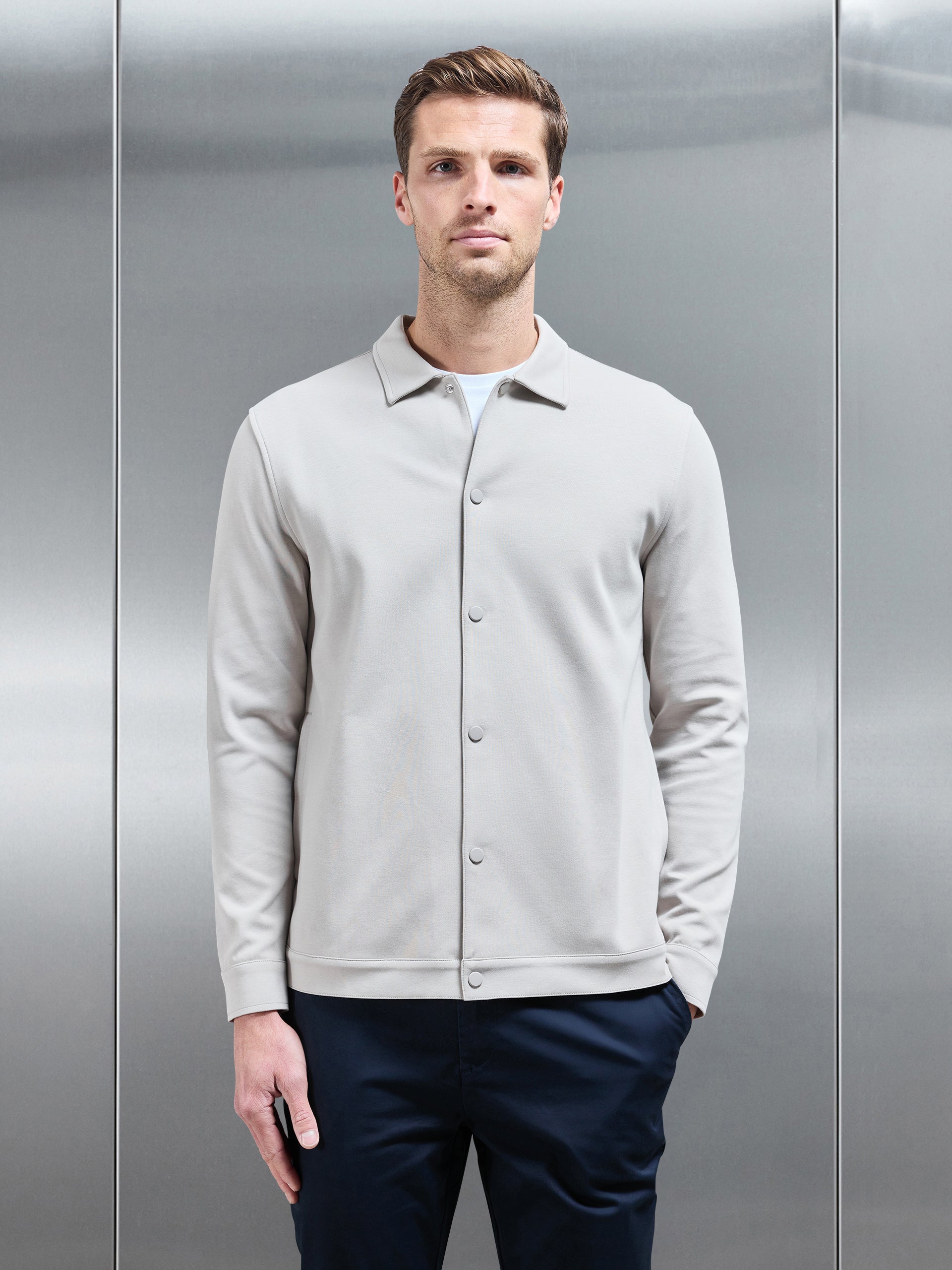 Cotton Jersey Popper Overshirt in Stone