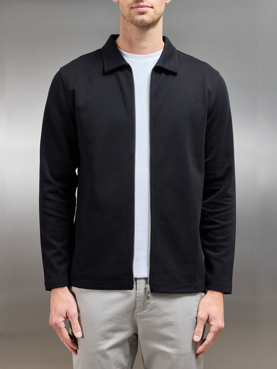 Cotton Jersey Zip Through Overshirt in Black