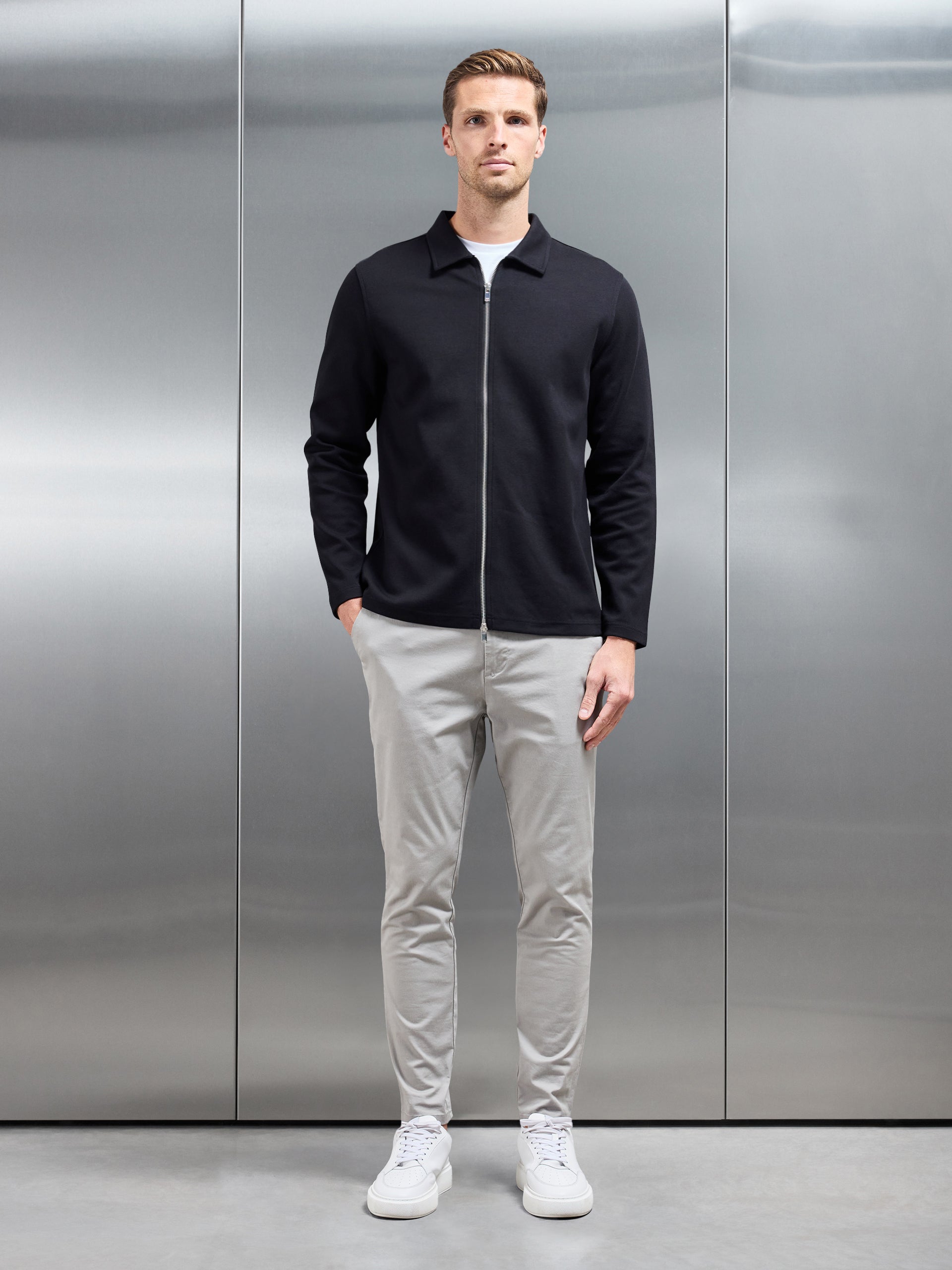 Cotton Jersey Zip Through Overshirt in Black