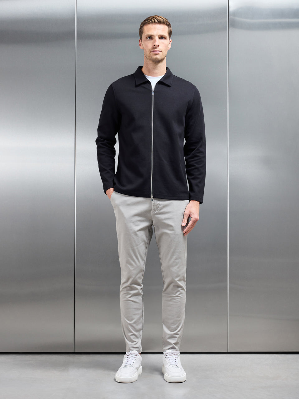 Cotton Jersey Zip Through Overshirt in Black