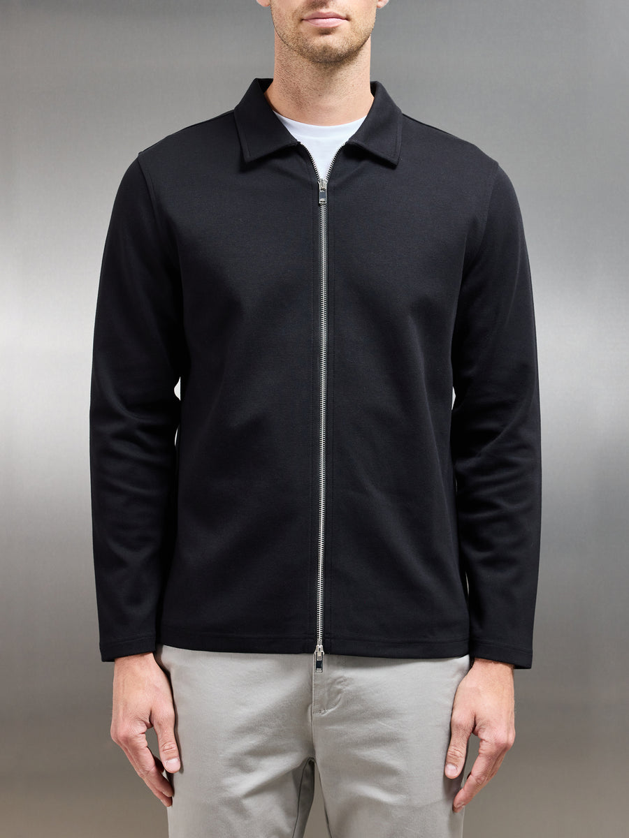 Cotton Jersey Zip Through Overshirt in Black