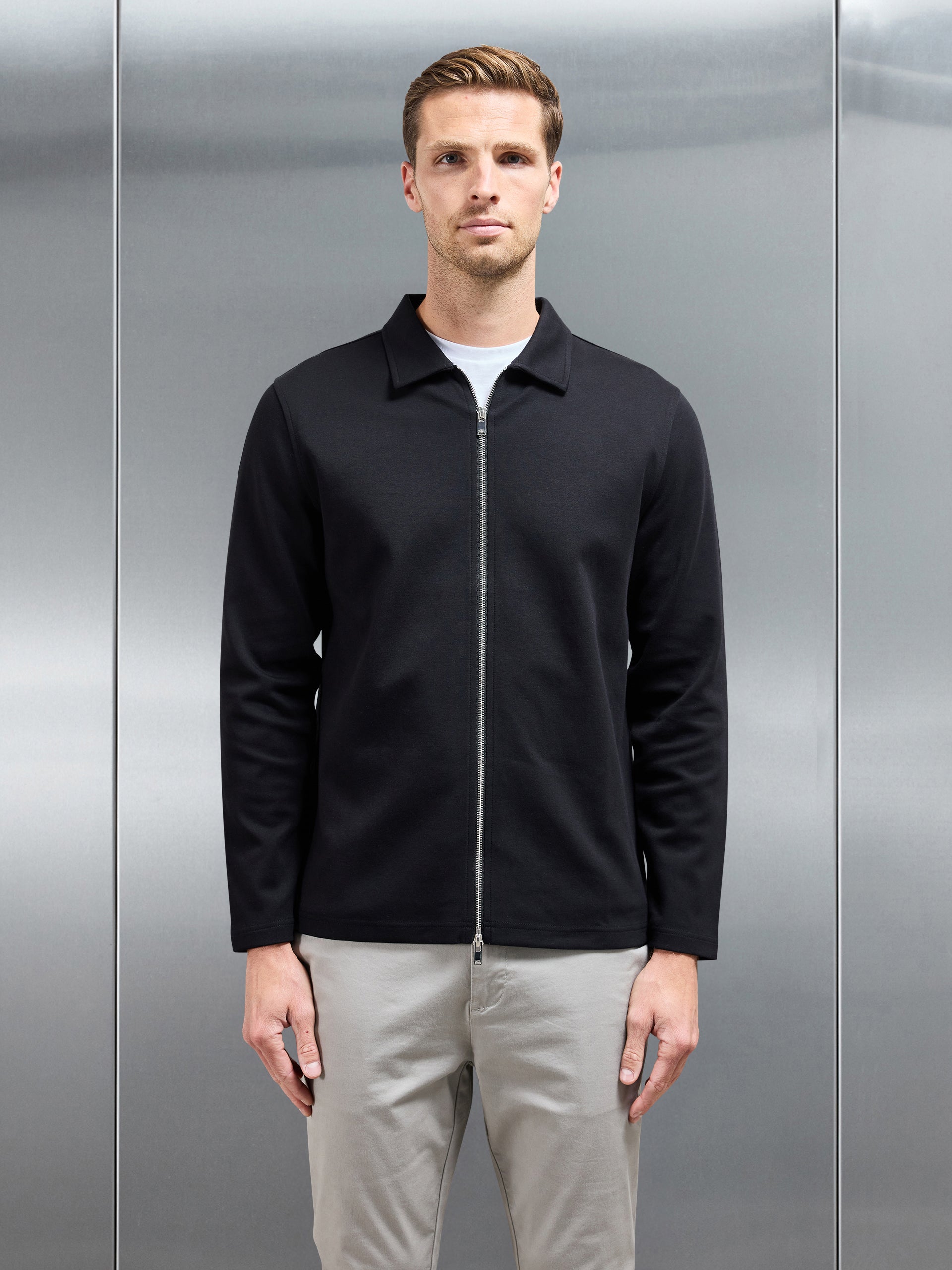 Cotton Jersey Zip Through Overshirt in Black