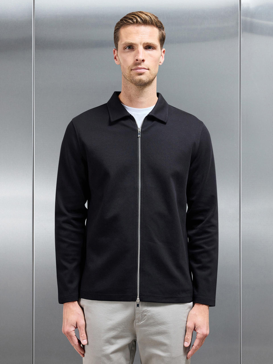 Cotton Jersey Zip Through Overshirt in Black