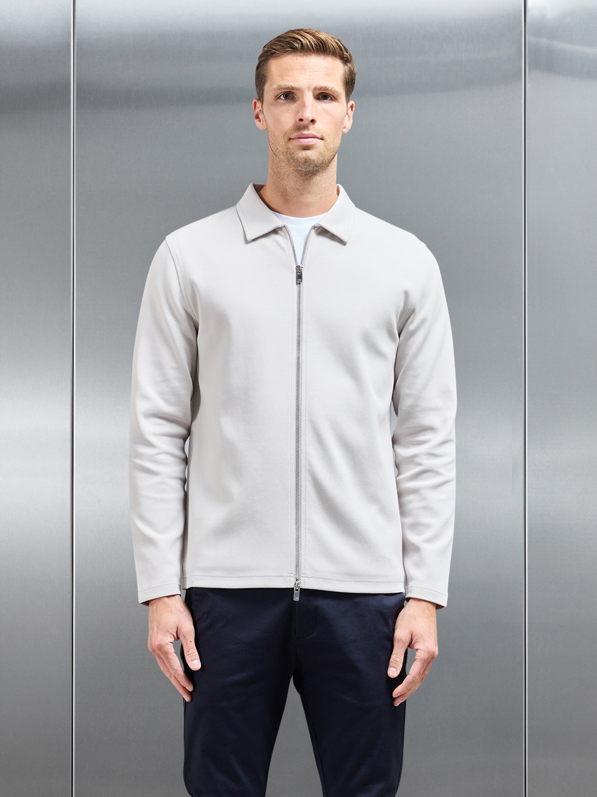 Cotton Jersey Zip Through Overshirt in Mid Grey