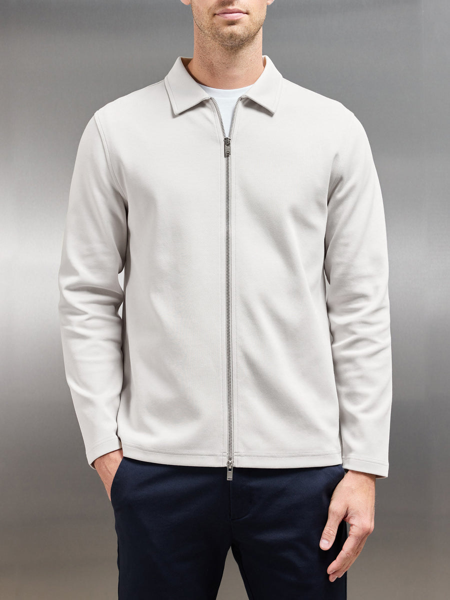 Cotton Jersey Zip Through Overshirt in Mid Grey