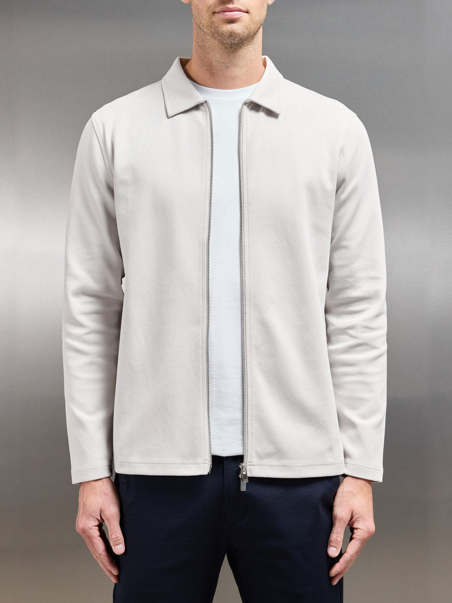 Cotton Jersey Zip Through Overshirt in Mid Grey