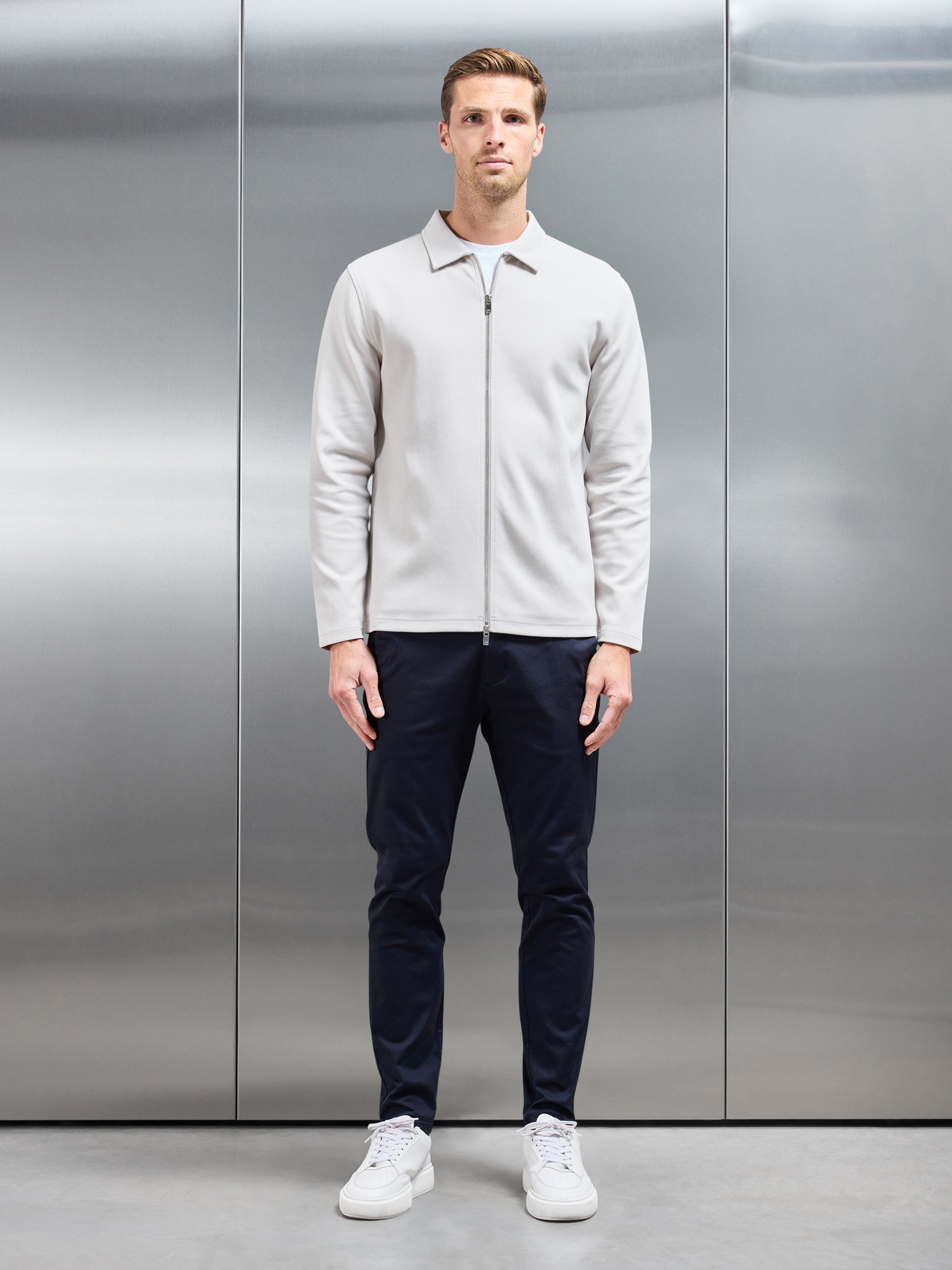 Cotton Jersey Zip Through Overshirt in Mid Grey