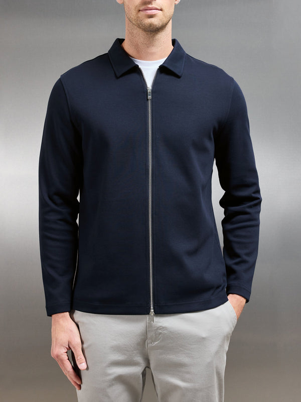 Cotton Jersey Zip Through Overshirt in Navy