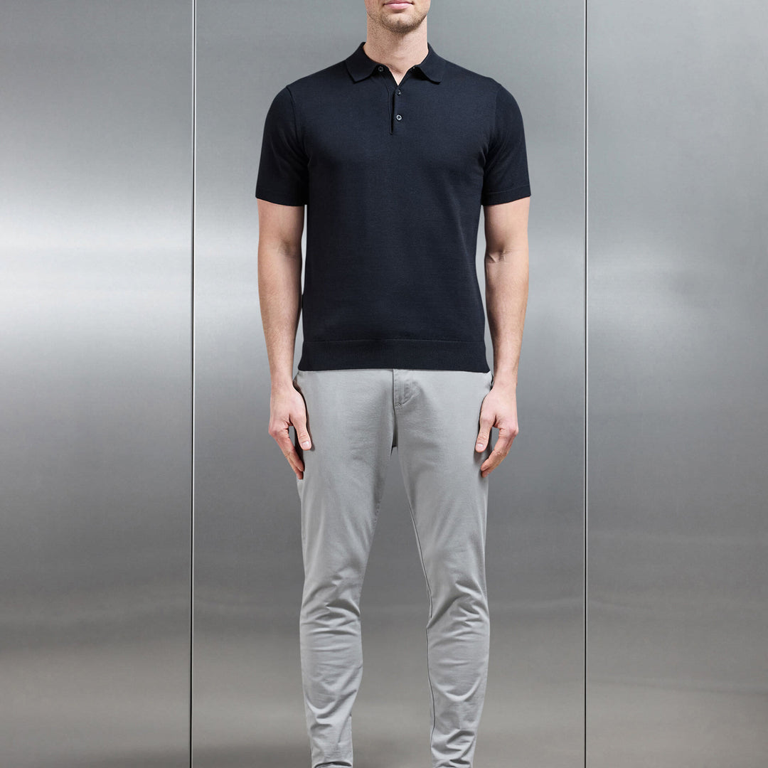 Cotton Knitted Button Polo Shirt in Black