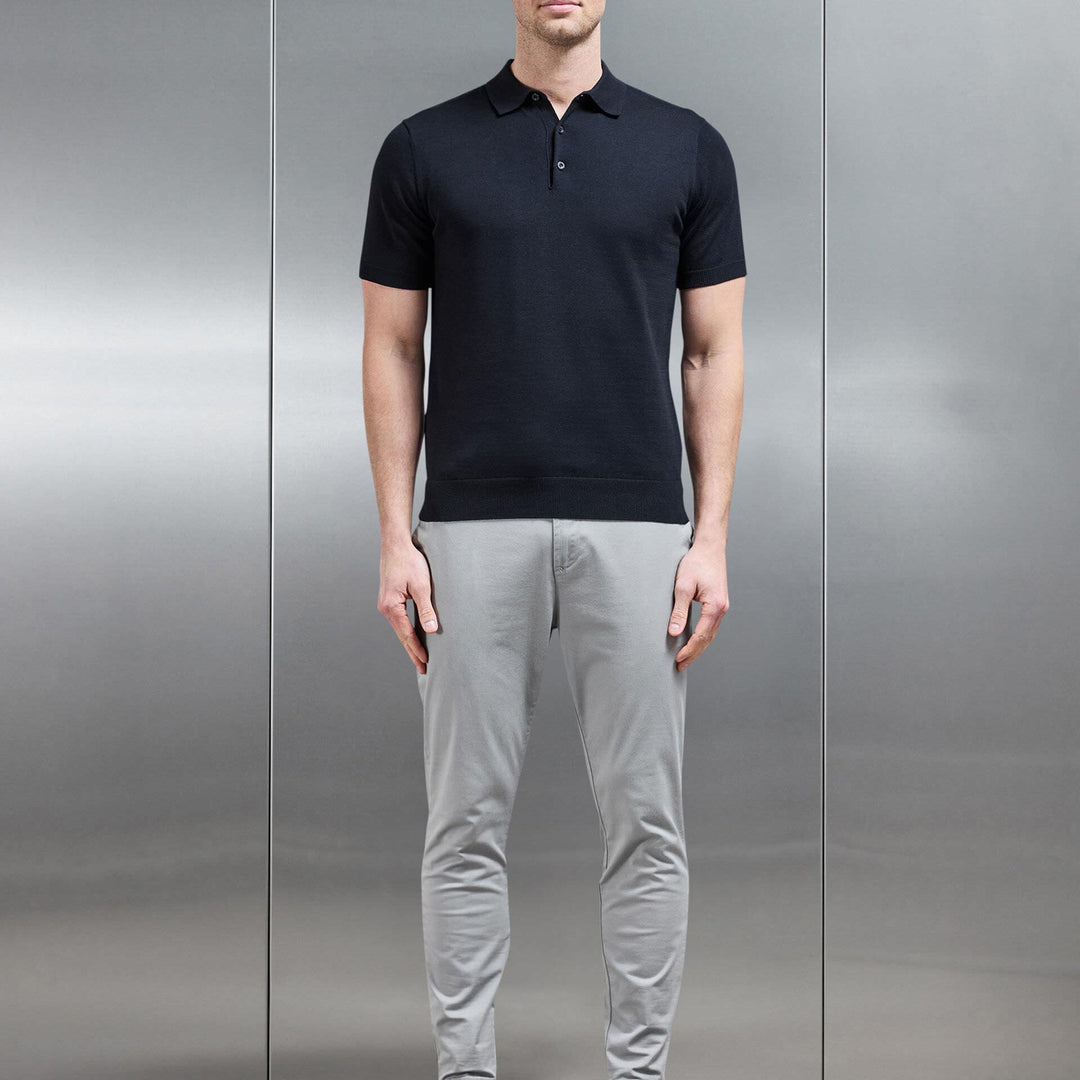 Cotton Knitted Button Polo Shirt in Black
