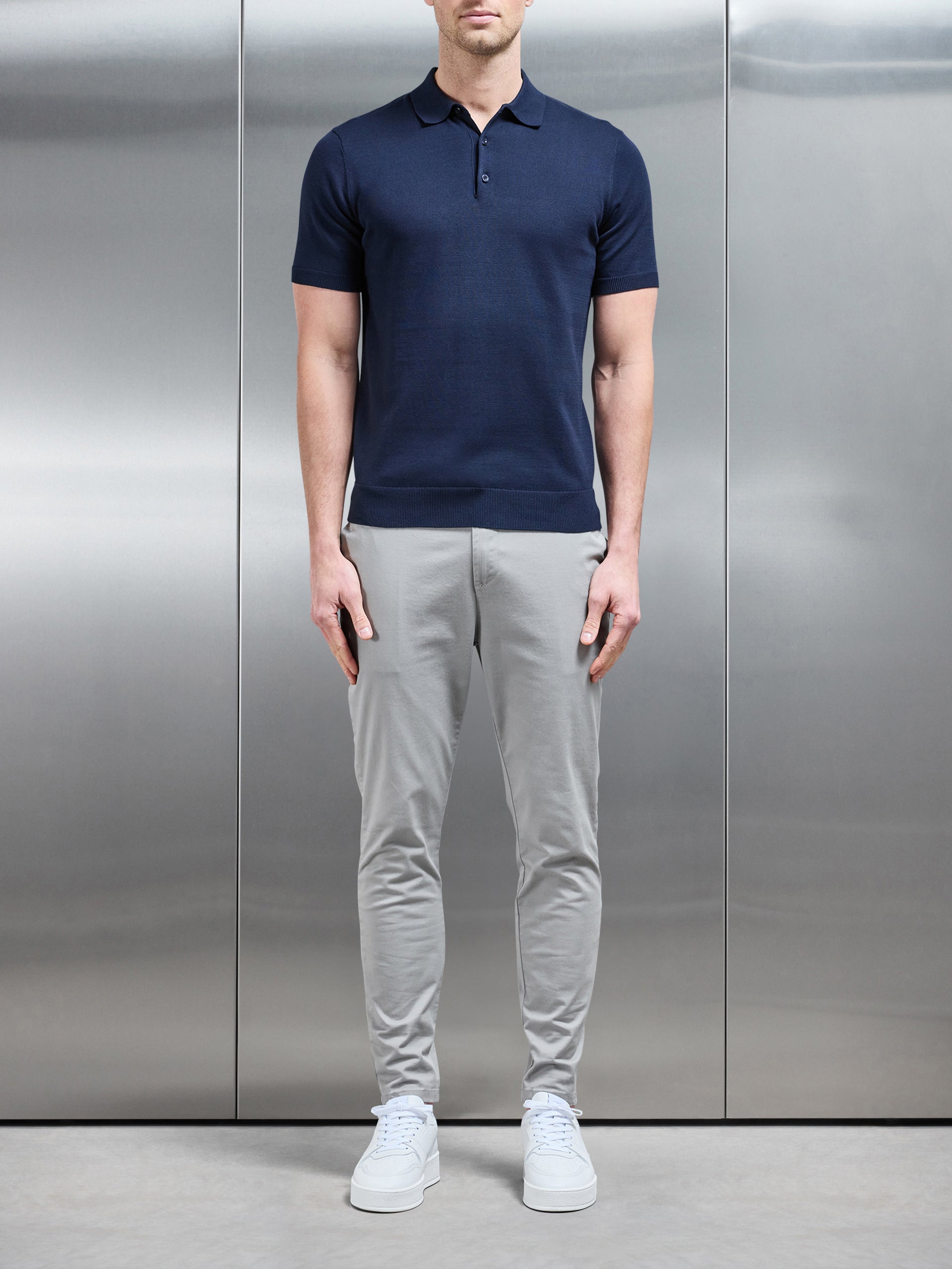 Cotton Knitted Button Polo Shirt in Navy