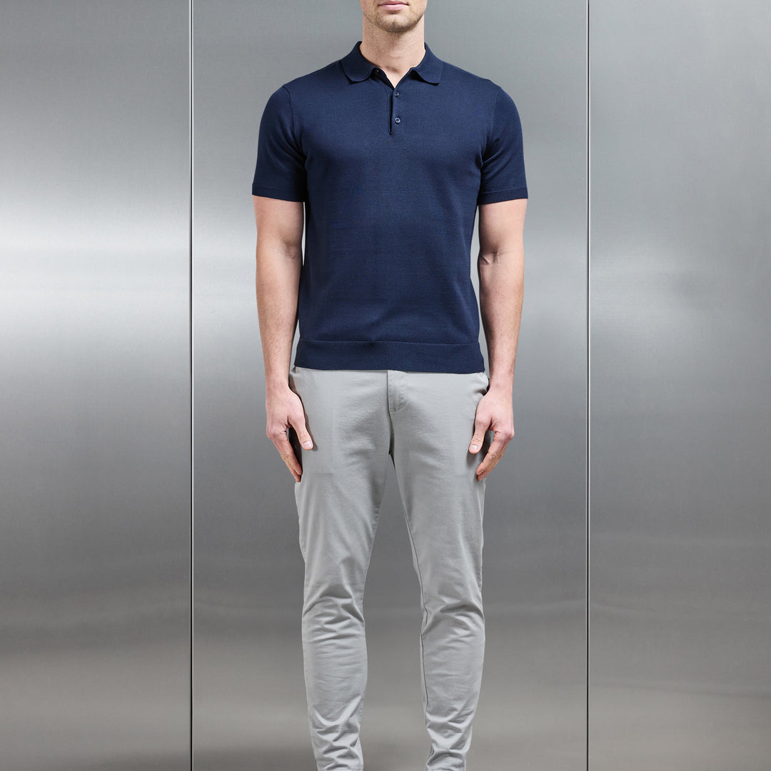 Cotton Knitted Button Polo Shirt in Navy