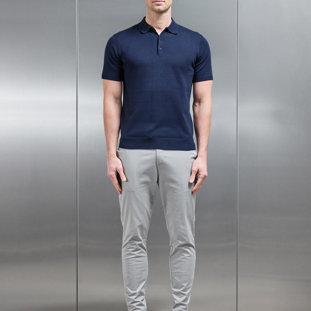 Cotton Knitted Button Polo Shirt in Navy