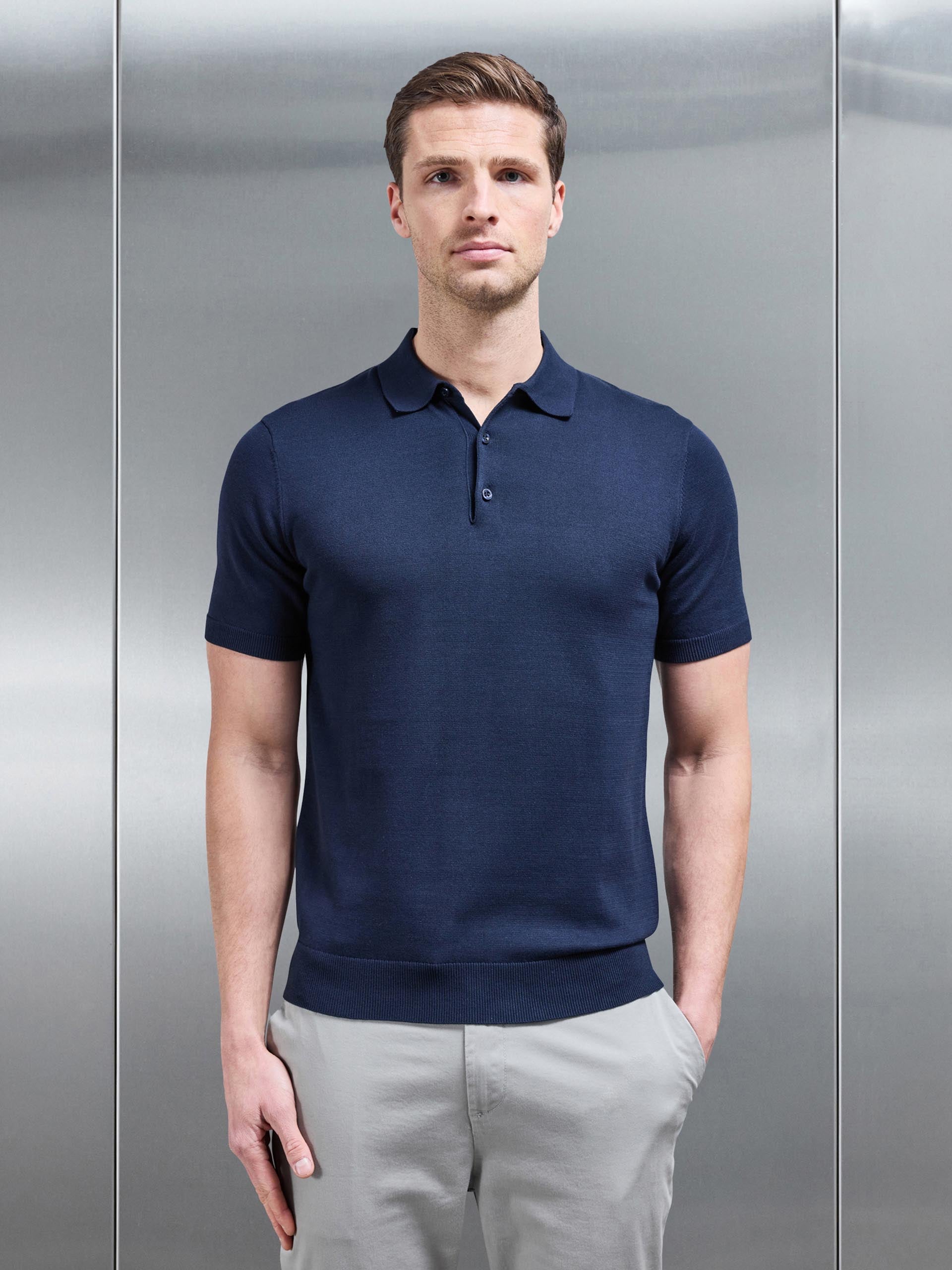 Cotton Knitted Button Polo Shirt in Navy
