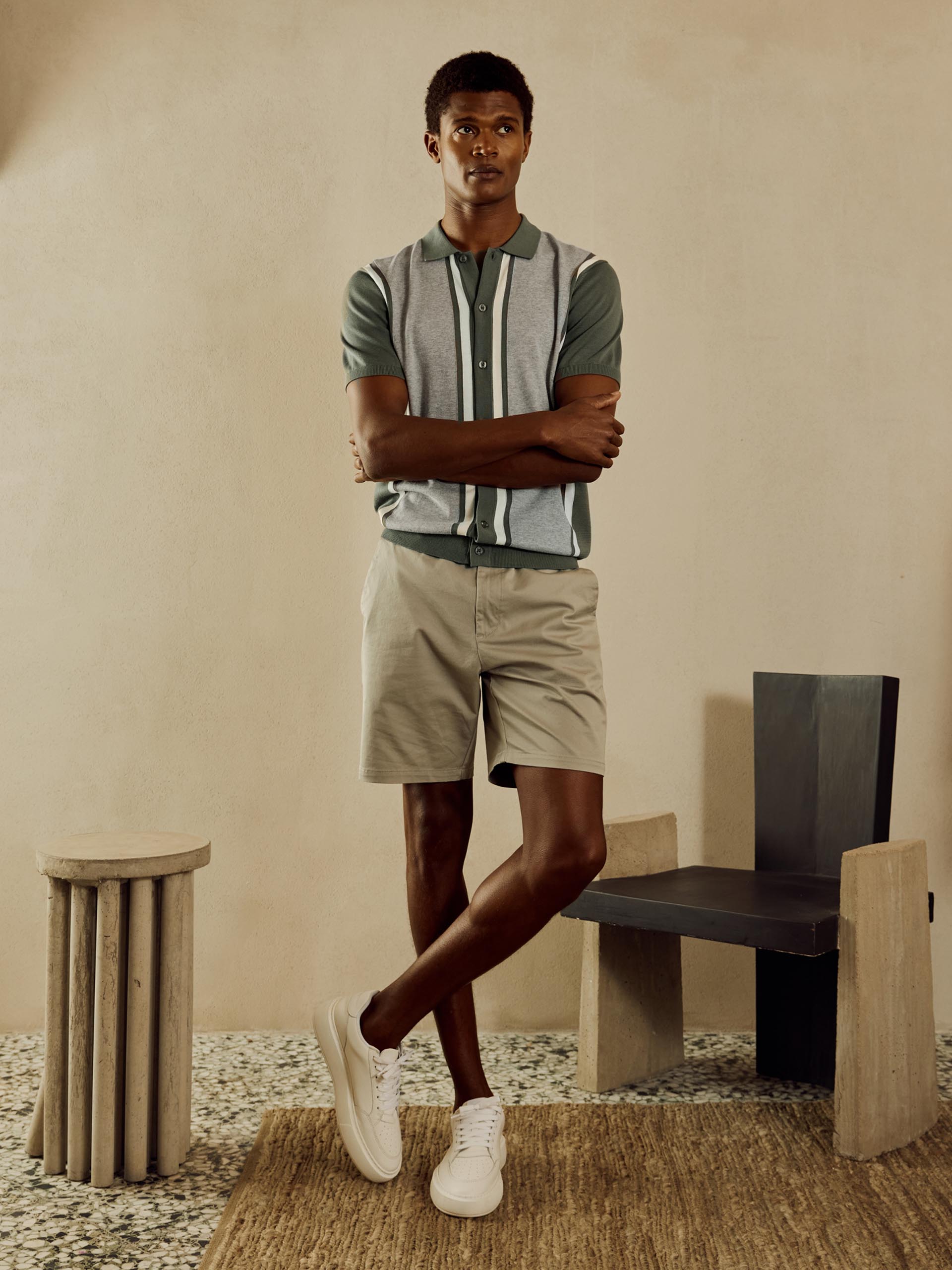 Cotton Knitted Colour Block Shirt in Olive