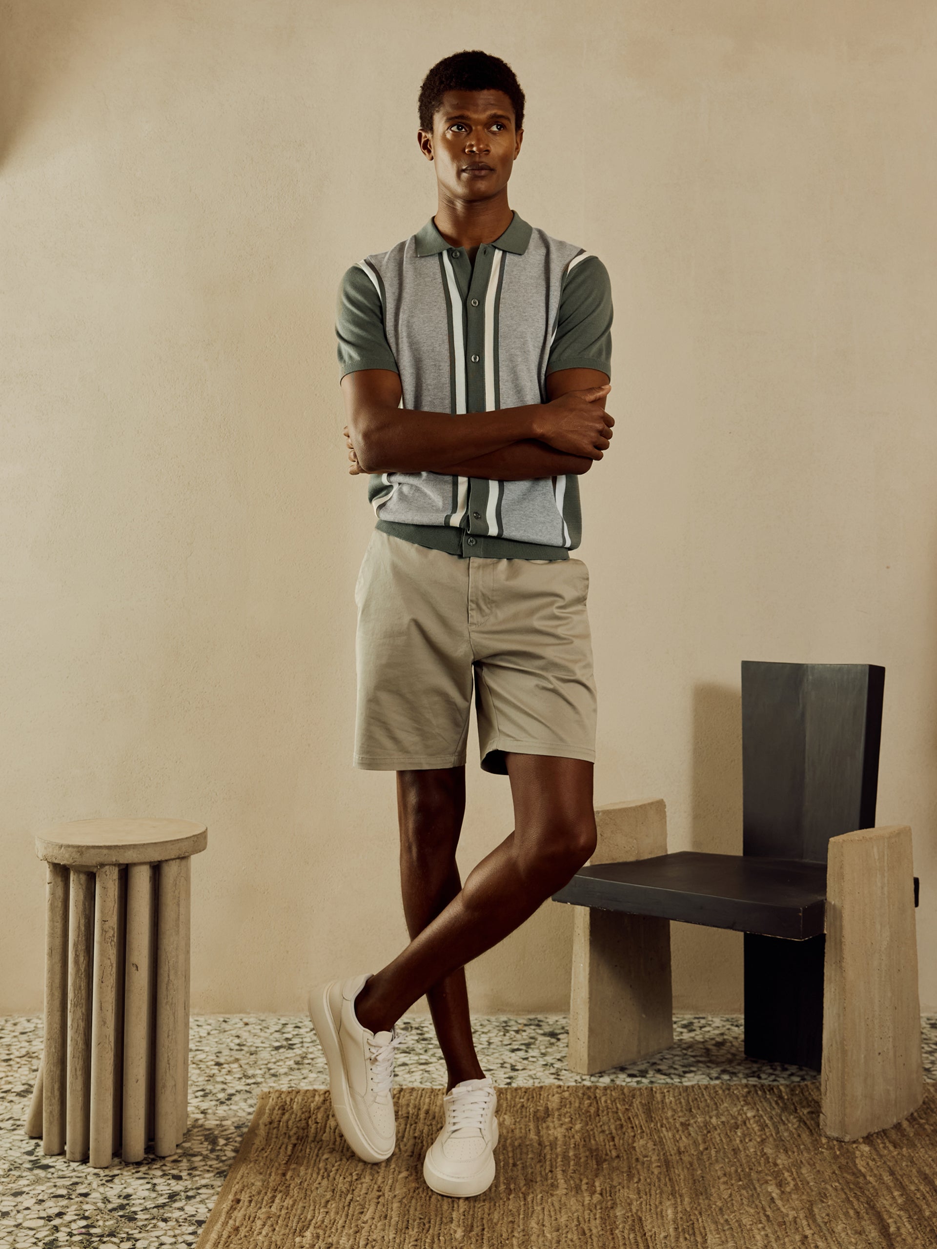 Cotton Knitted Colour Block Shirt in Olive