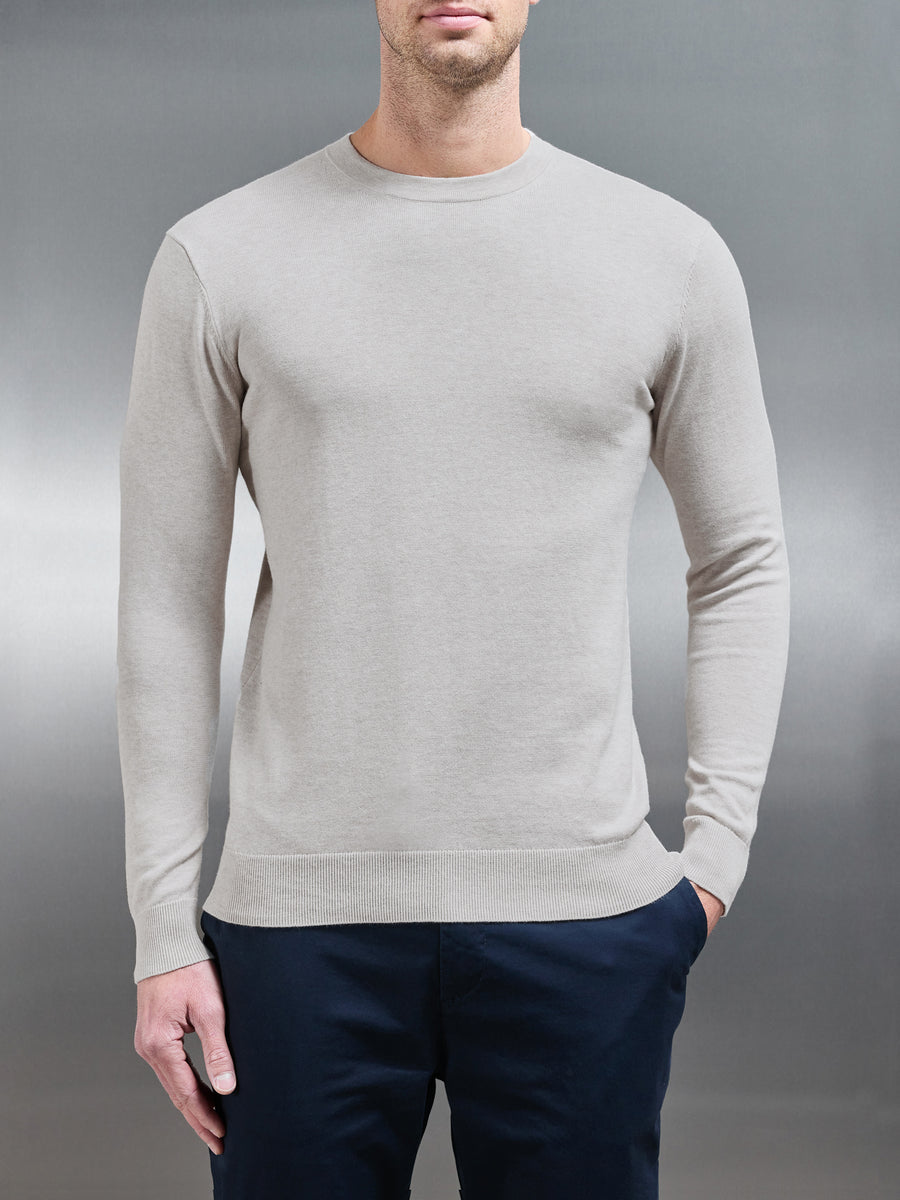 Cotton Knitted Crew Neck Sweatshirt in Oatmeal