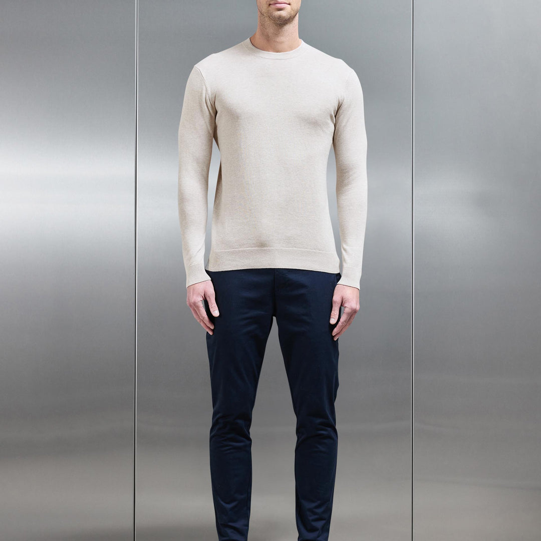 Cotton Knitted Crew Neck Sweatshirt in Oatmeal