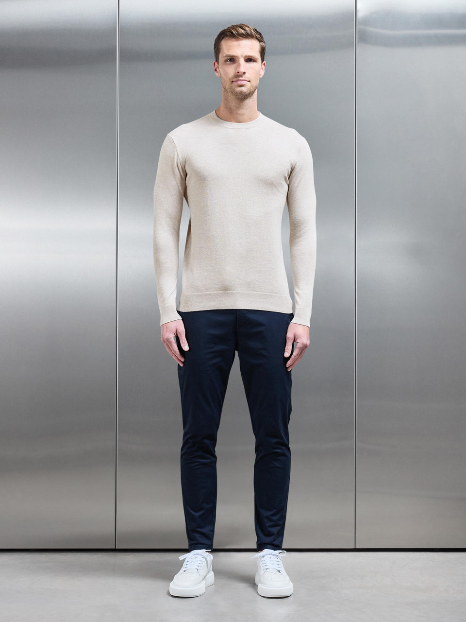 Cotton Knitted Crew Neck Sweatshirt in Oatmeal