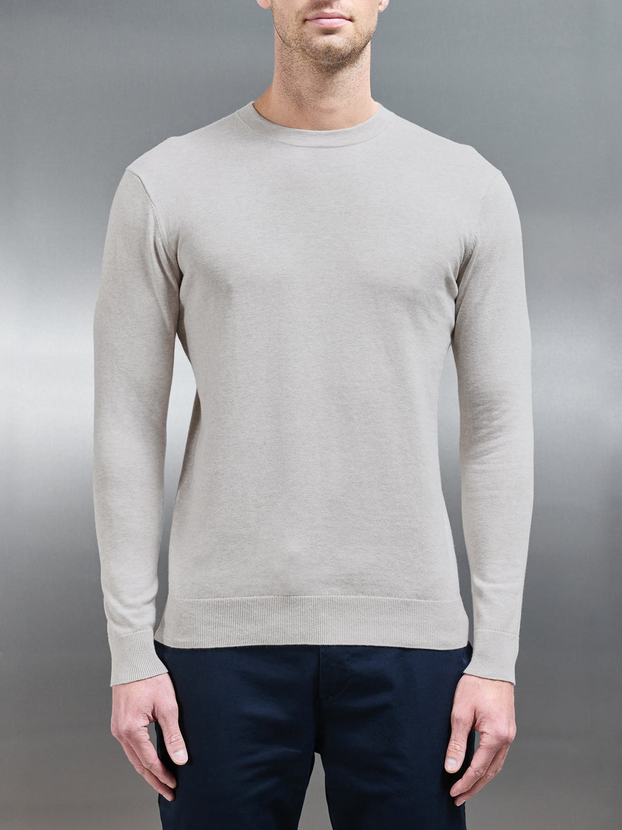 Cotton Knitted Crew Neck Sweatshirt in Oatmeal