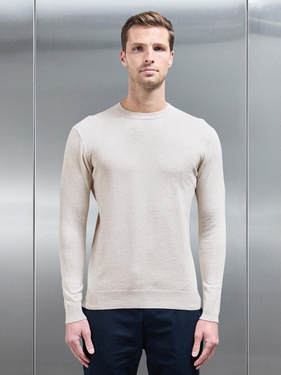 Cotton Knitted Crew Neck Sweatshirt in Oatmeal